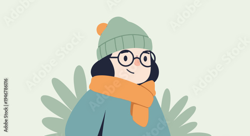 A cheerful, round-faced person in a winter hat and scarf, with large glasses, is depicted