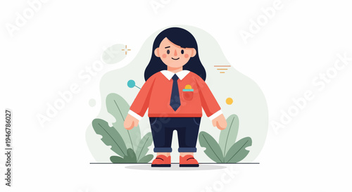 Flat illustration of a person in business attire with plants and abstract shapes