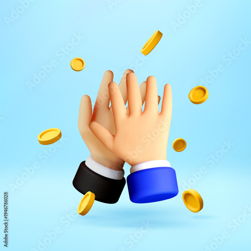 3D Two hands giving a high five surrounded by floating gold coins. Business partnership success and financial agreement concept. Corporate team celebrating result. Vector illustration