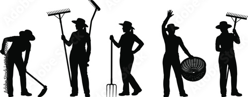 Silhouette illustration of people gardening and farming with tools, showing agricultural work, outdoor labor, and cultivation activities in agriculture and horticulture concept