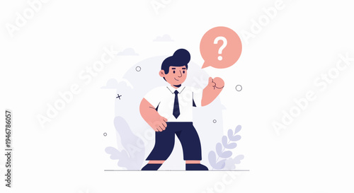 Confused man in a suit looking up at a question mark bubble, thinking