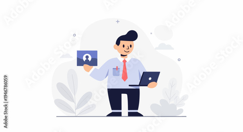 Cheerful man in formal attire holds a laptop and a profile card, presenting digital identity