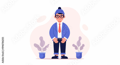 A man in a blue suit, red tie, and beanie stands with potted plants