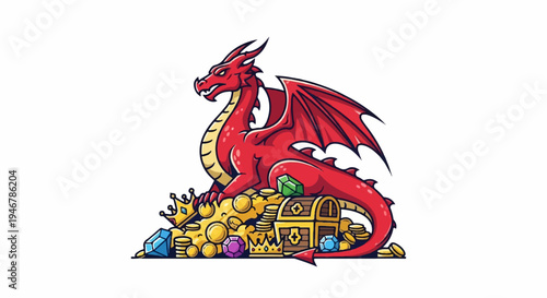 Red dragon guarding a hoard of treasure including coins, gems, crowns, and a chest