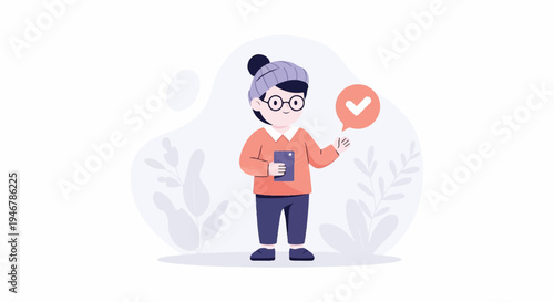 Child with glasses holding phone, a checkmark in a speech bubble above