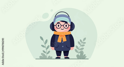 A cartoon person with a scarf and earmuffs stands against a pale green background with plants