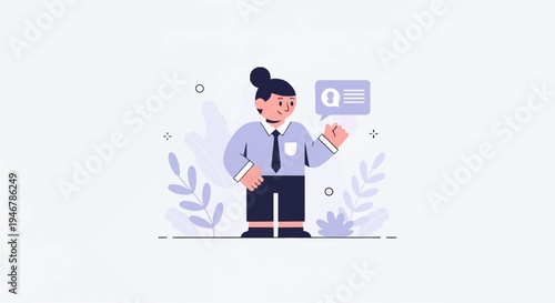 A stylized person in a shirt and tie gestures with a speech bubble containing a Q