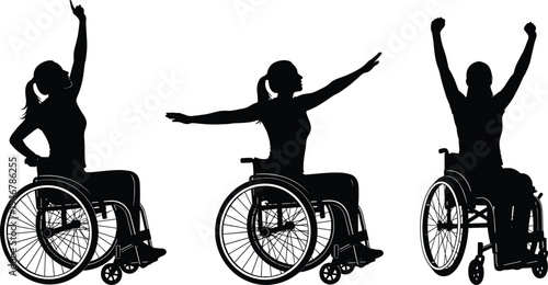 Wheelchair user celebration silhouettes showing confident disabled woman raising arms in victory and freedom, disability empowerment concept isolated on white background illustration