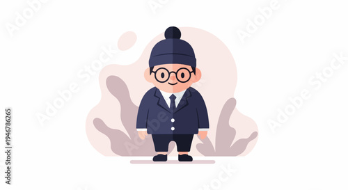 A cute cartoon character in a suit and beanie, with a round face and glasses