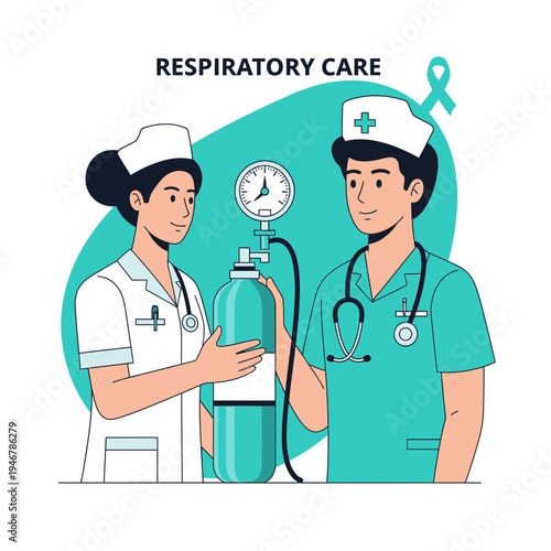 Medical Professionals Collaborating on Respiratory Assistance with Oxygen Tank and Pressure Gauge