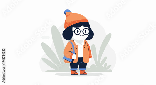 A character wearing an orange hat, jacket, and boots, carrying a bag