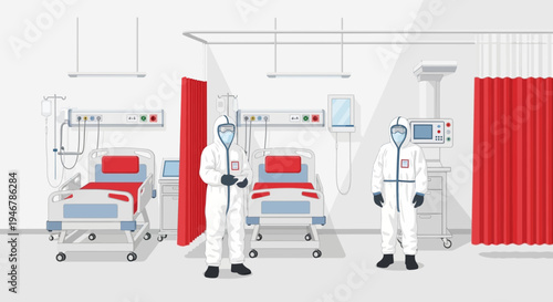 Medical Professionals At Hospital Ward In Protective Suits Amidst A Pandemic