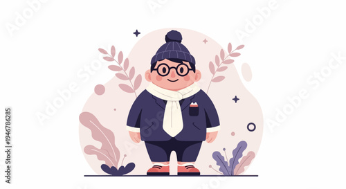 A rounded, smiling figure in a winter coat and hat, with scarf and glasses, stands amidst decorative plants and shapes