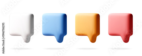 Set of four colorful 3d speech bubbles. Matte icon for chat notification, communication, and messaging. Social media interface element, digital design asset for web and mobile app. Vector illustration