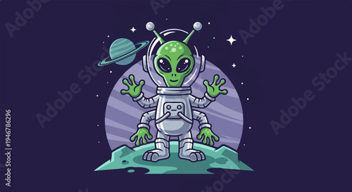 Cartoon alien in spacesuit with four arms stands on a planet with a ringed planet in the background