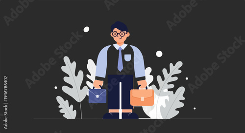 Businessman in suit, glasses, and tie, holding two briefcases, with stylized plants