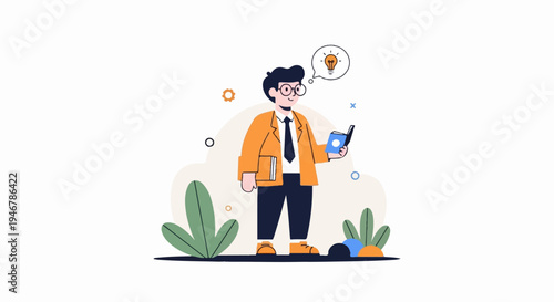 Young man in orange jacket with glasses, holding books, thinking of an idea with a lightbulb