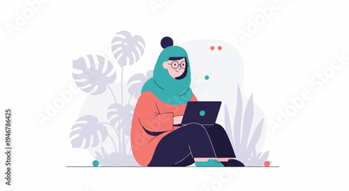 A person in a teal hijab and coral sweater sits cross-legged with a laptop
