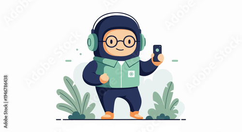 Cheerful character in headphones holding a smartphone, surrounded by abstract plants