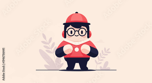 A charming cartoon character with a red hat, glasses, and headphones, standing amidst stylized leaves