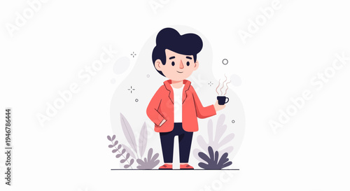 A stylized illustration of a person holding a hot drink amidst abstract foliage and shapes