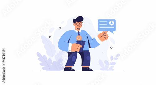 Animated man in light blue shirt and dark pants holds tablet, shows chat bubble with chart