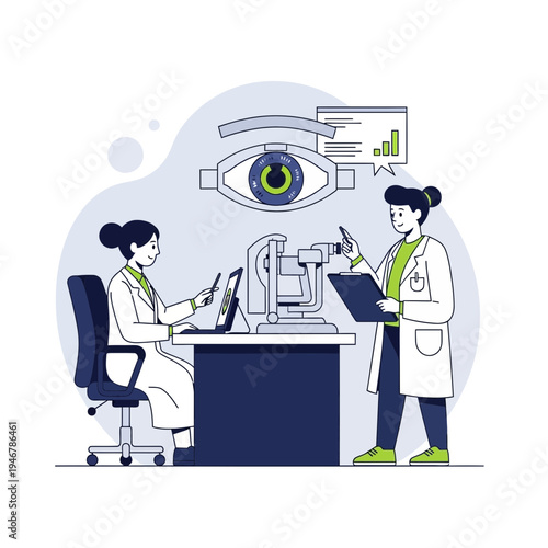 Medical Professionals Conducting Eye Examination and Diagnostic Procedures in a Clinic Setting