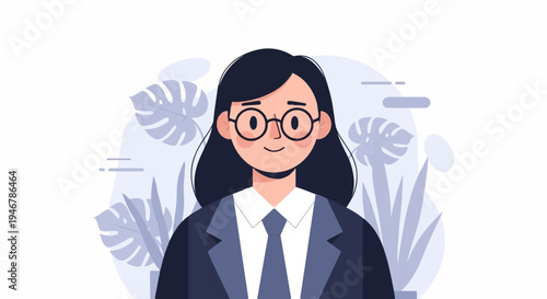 Stylized portrait of a woman wearing glasses and a suit, with tropical plants in background