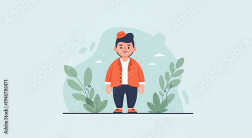 A smiling boy in an orange jacket and hat stands between two leafy plants