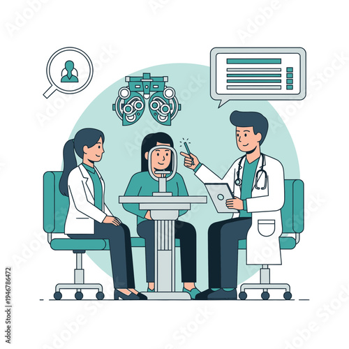 Medical Professionals Conducting Eye Examination In A Clinic, Patient Undergoing Vision Checkup