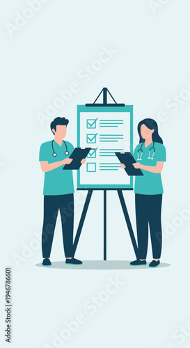 Medical Professionals Collaborating and Reviewing Checklist for Patient Care and Treatment Planning