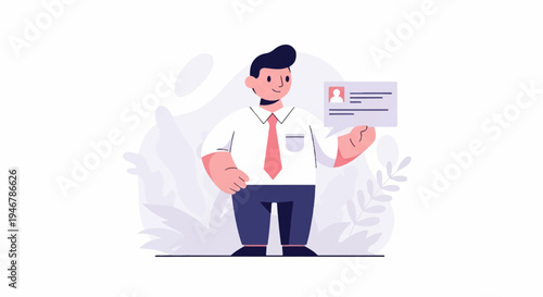 Animated person in a white shirt and tie, holding a business card