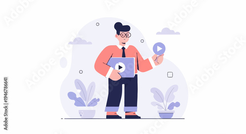 A person in formal attire holds a laptop and a play button, amidst abstract shapes and potted plants