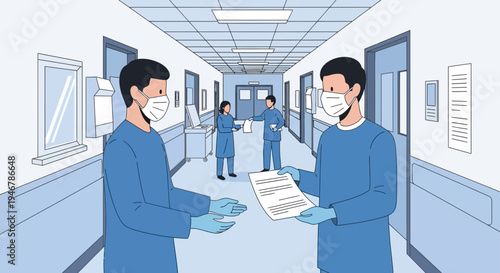 Medical Professionals Collaborating And Reviewing Documents Within Hospital Corridor