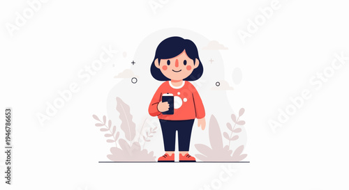 Cheerful character in coral sweater and dark pants holds phone, surrounded by foliage