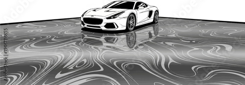 A white, pixelated sports car sits on a reflective, swirled surface