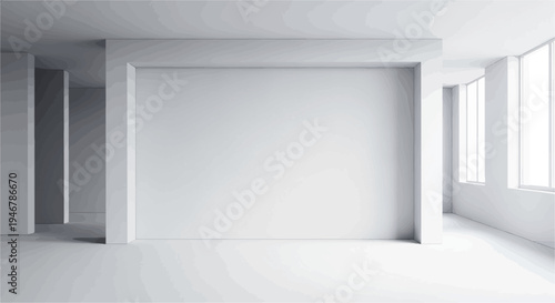 A minimalistic, empty interior room with large windows allowing bright light