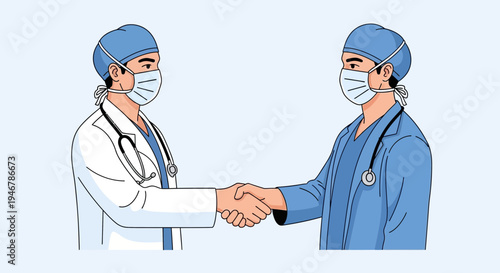 Medical Professionals Collaborating And Shaking Hands With Face Masks On A Light Blue Background