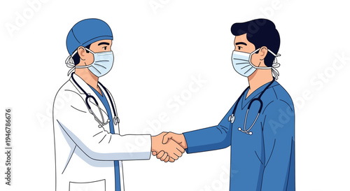 Medical Professionals Collaborating And Shaking Hands With Face Masks On White Background