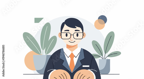 Professional man in suit with glasses and plants, calm expression