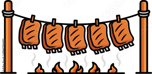 Five racks of ribs hanging over a fire on a simple wooden stand