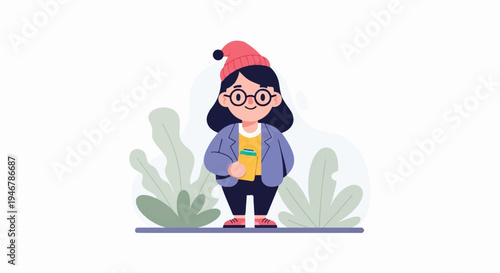 A person in a pink hat and glasses holds a drink, surrounded by green plants