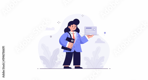 Woman in blue blazer and tie, carrying a bag and laptop, with abstract plants