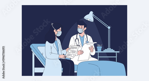 Medical Professionals Discuss Patient Documents Under Soft Illumination And Protection