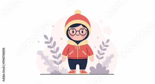 Cute cartoon character in winter attire with glasses, set against a soft, whimsical background with plants