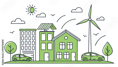Green eco city with solar panels, wind turbine and electric cars representing renewable energy, sustainable housing and clean urban environment in minimal line illustration