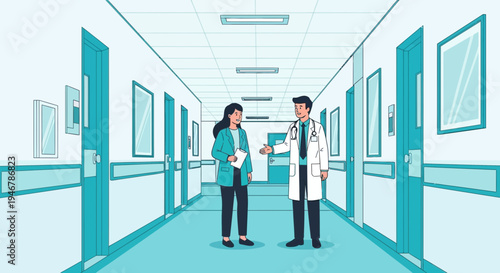 Medical Professionals Discussing In A Hospital Corridor During A Consultation Session