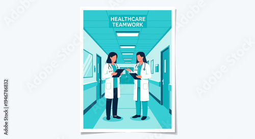 Medical Professionals Discussing In Hospital Corridor Illustrating HealthCare Teamwork Concept