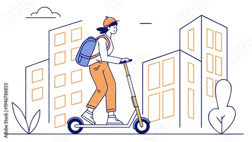 Young man riding electric scooter with backpack through city street representing urban mobility, eco friendly transport and modern commuting in minimal line illustration style