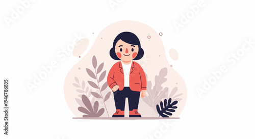 A stylized cartoon character of a person in a red jacket and dark pants stands in front of a pastel background with foliage